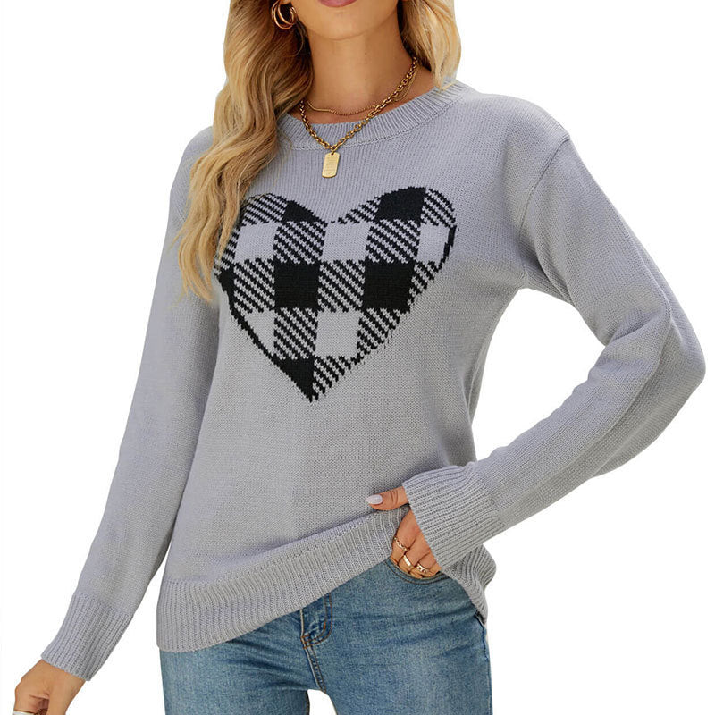 Women's Loose Sweater Round Neck Fashion Pullover Plaid Love Sweater Women