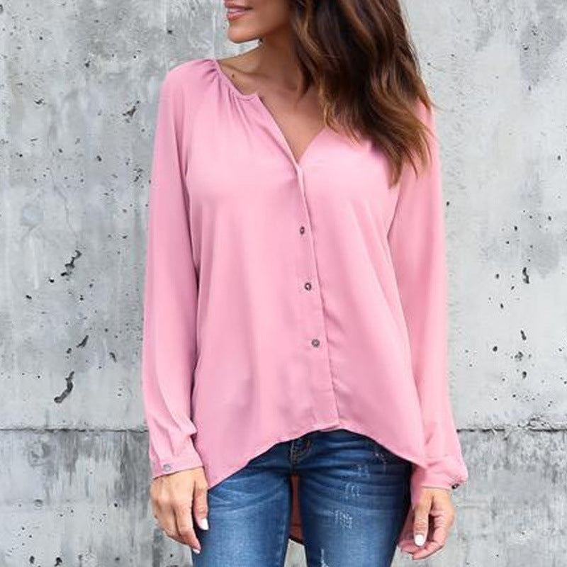 V-neck pleated button chiffon shirt