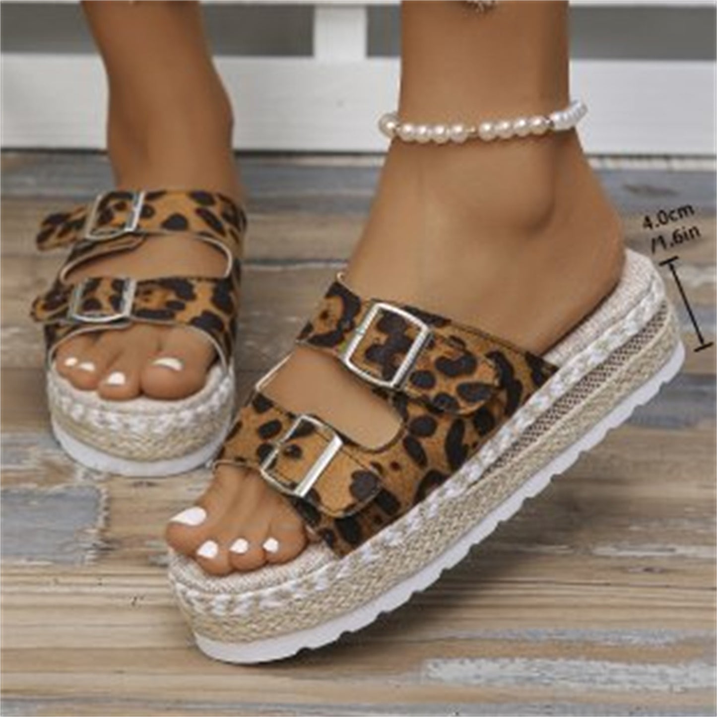 Summer Double Buckle Leopard Print Flat Sandals Hemp Thick-soled Sandals Seaside Vacation Beach Shoes For Women
