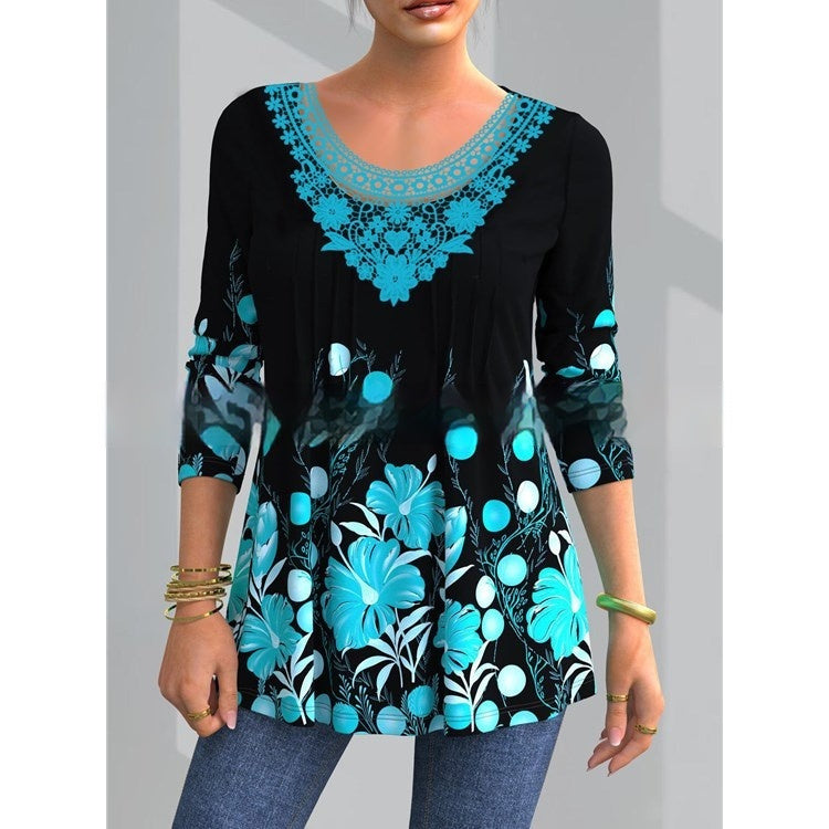 Women's Plus Size Long Sleeve Lace Autumn Loose Top T-shirt