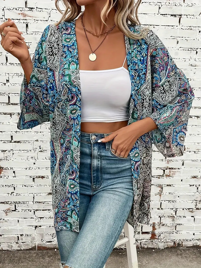 Ethnic Print Round Neck Shirt Bohemian Holiday Long Sleeve Shirt