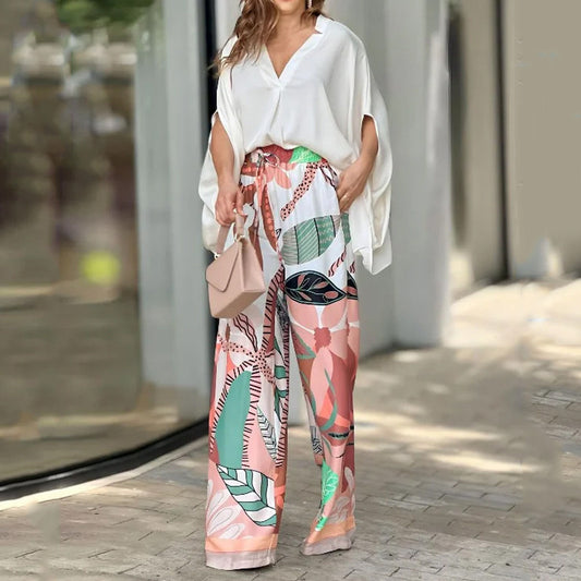 V-neck Batwing Sleeve Fashion Printed High Waist Wide Leg Pants Suit