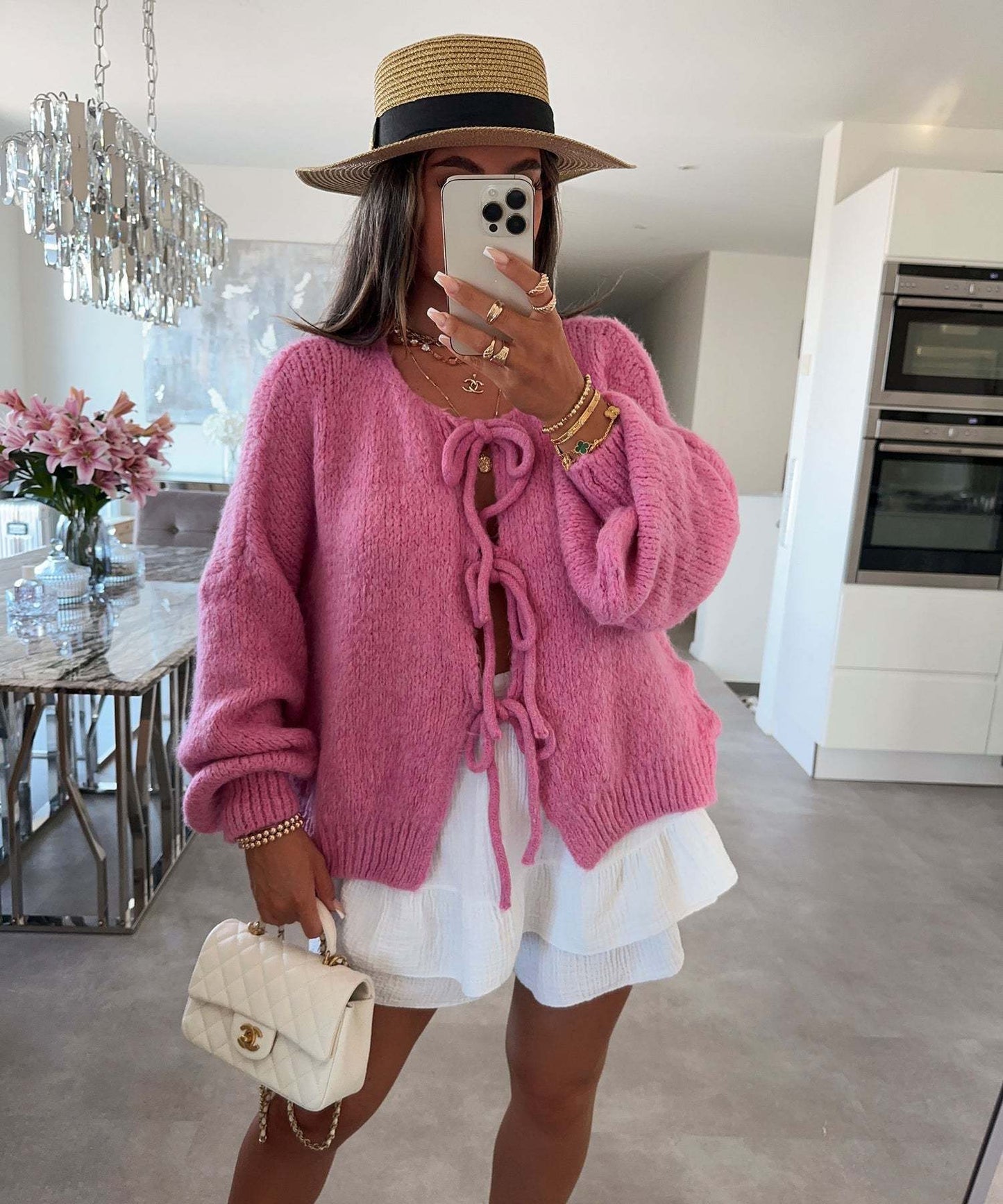 Round Neck Tied Knitted Cardigan Coat Solid Color Commute Simple Sweater Women