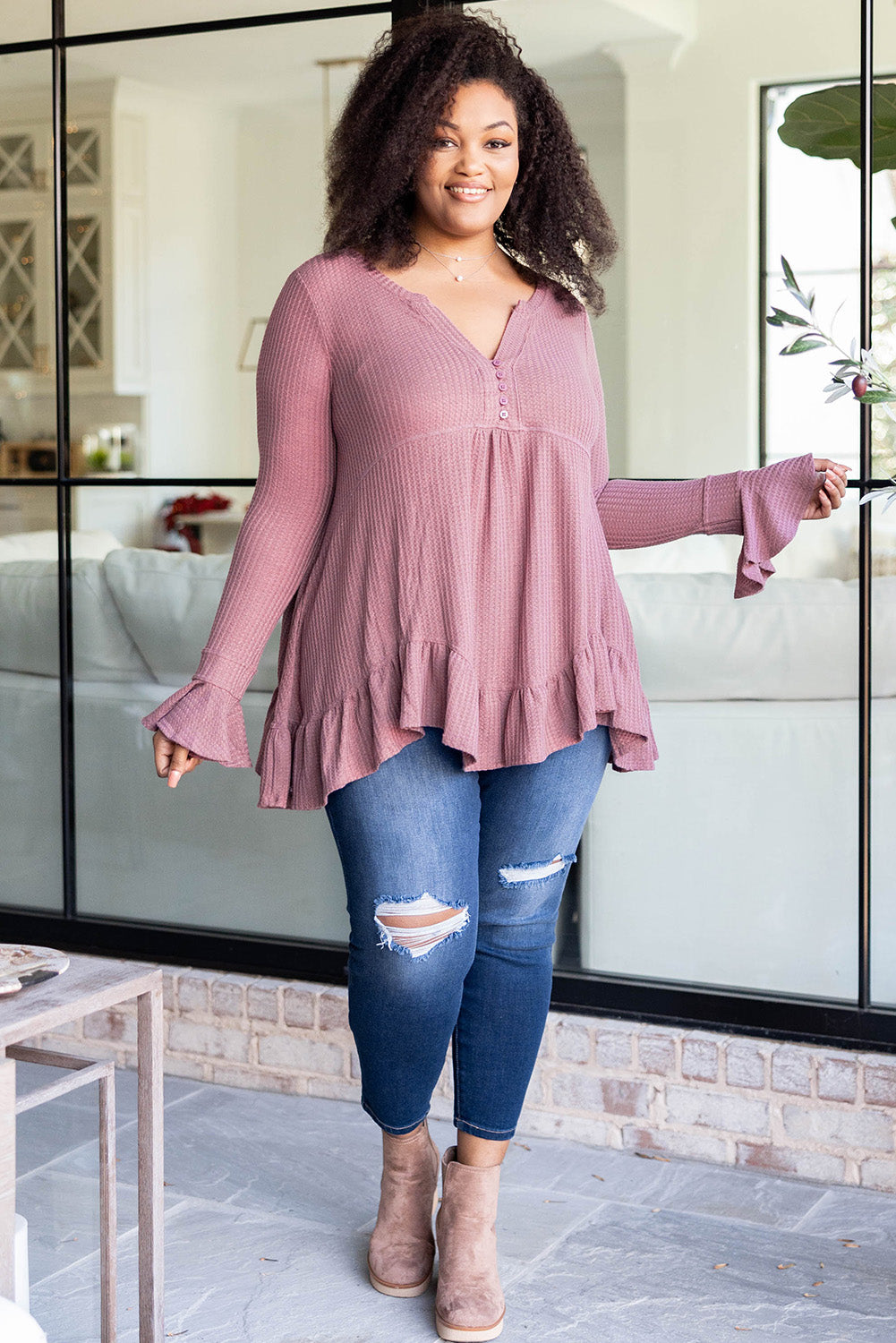 Pink Plus Size Ruffled Waffle Knit Babydoll Top