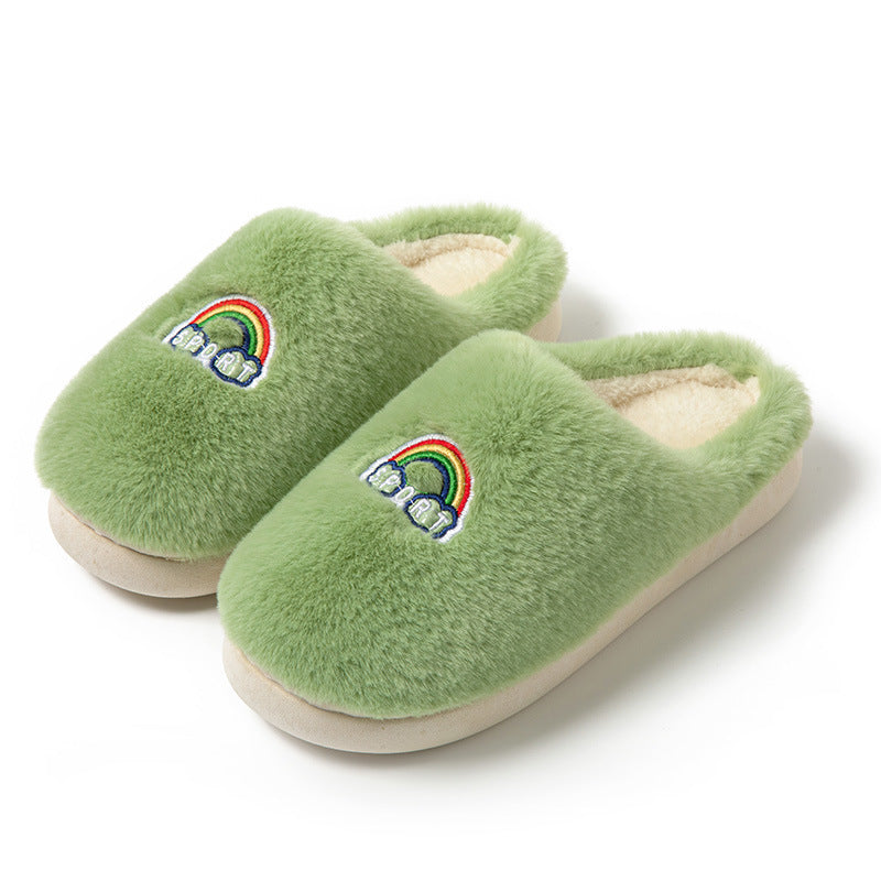 Kawaii Rainbow Embroidered Slippers Warm Slip On Plush Shoes Couple Indoor Home Slippers Winter