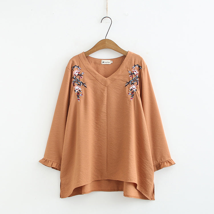 Front embroidered petal sleeve long sleeve shirt