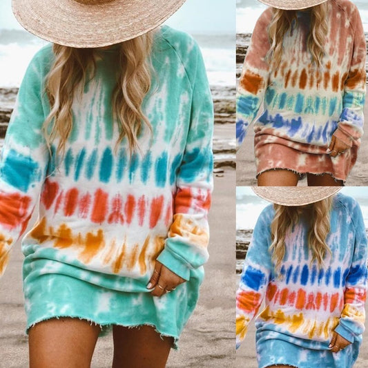 Tie-dye printed loose long-sleeved T-shirt dress