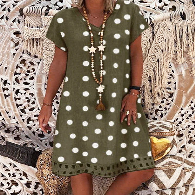 Women's Fashion Polka Dot Short Sleeve V-neck Printed Midi Dress