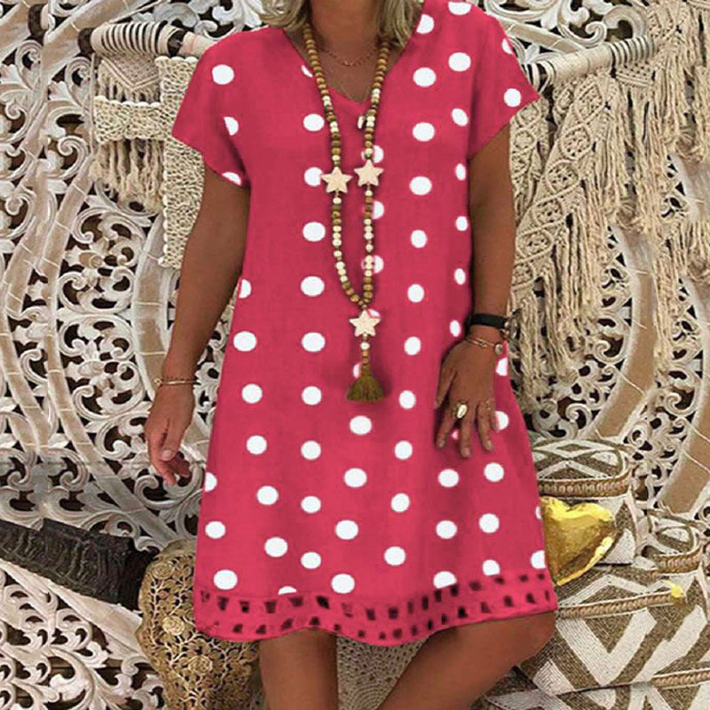 Women's Fashion Polka Dot Short Sleeve V-neck Printed Midi Dress