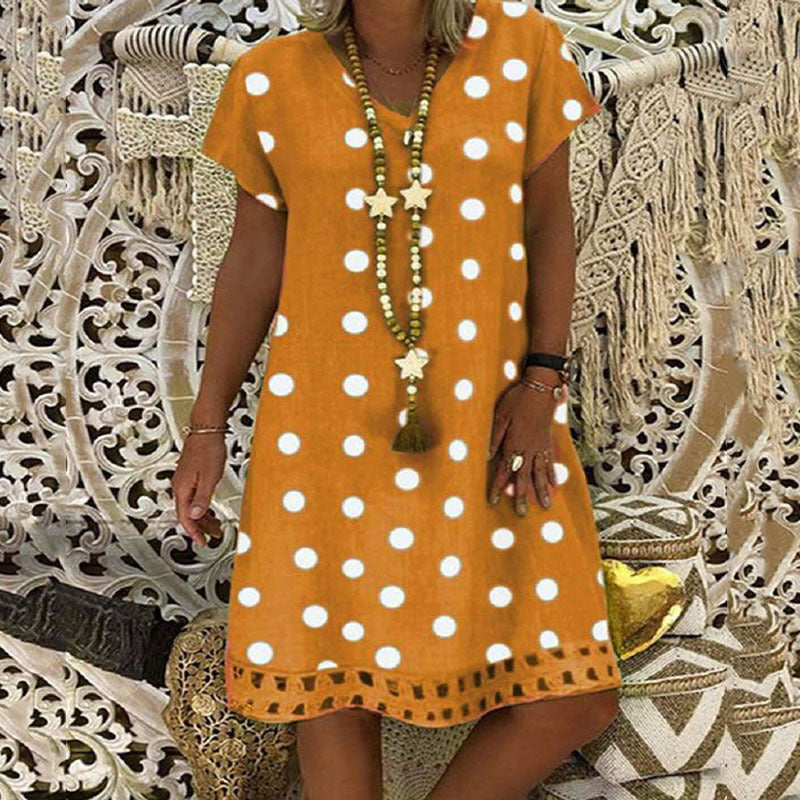 Women's Fashion Polka Dot Short Sleeve V-neck Printed Midi Dress