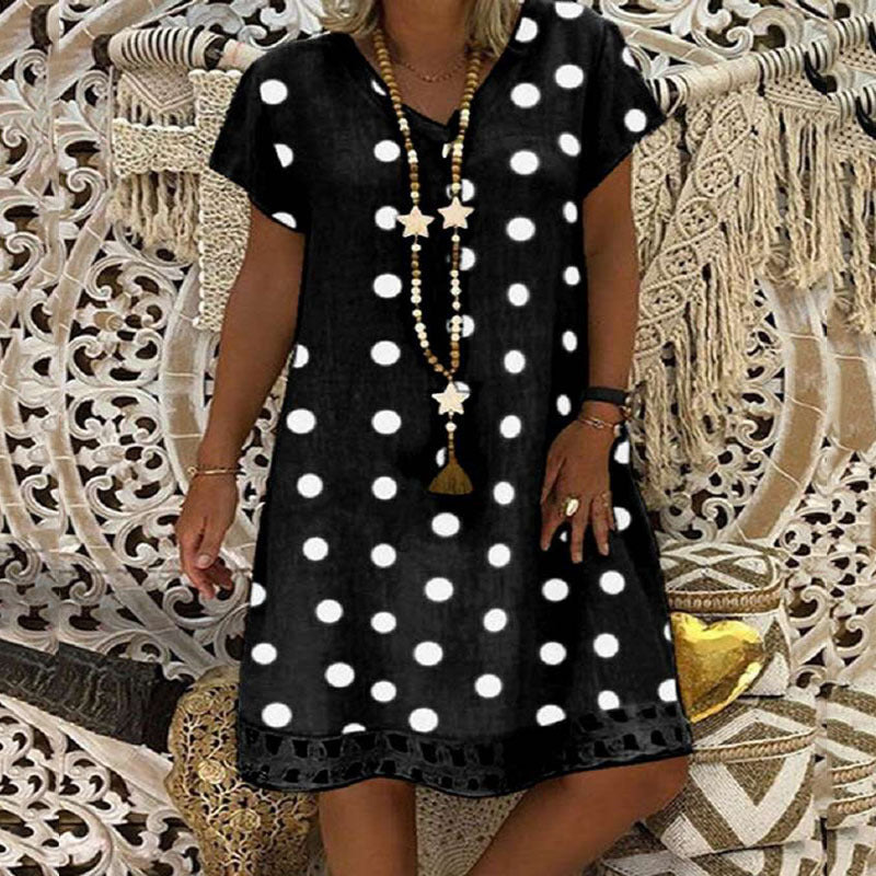 Women's Fashion Polka Dot Short Sleeve V-neck Printed Midi Dress