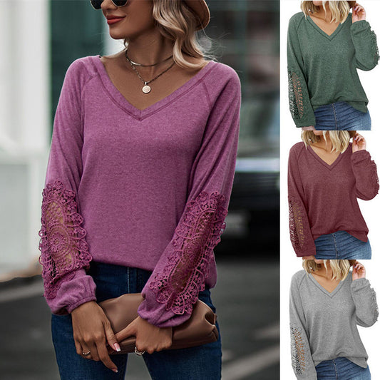 Loose Casual V-neck Lace Lace Long-sleeved