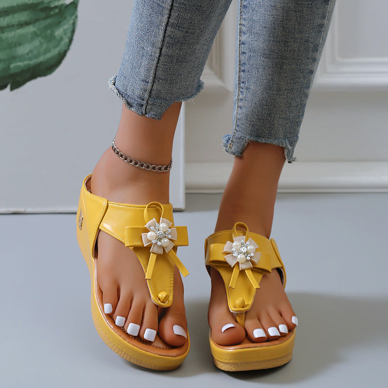 Flower Pearl Sandals Women Fashion Clip Toe Flip Flops Shoes Wedges Beach Shoes