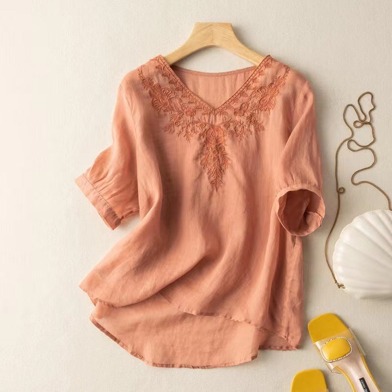 V-neck Embroidery Loose Thin Slim Fit Slim Looking Large Size Women's Wear Shirt