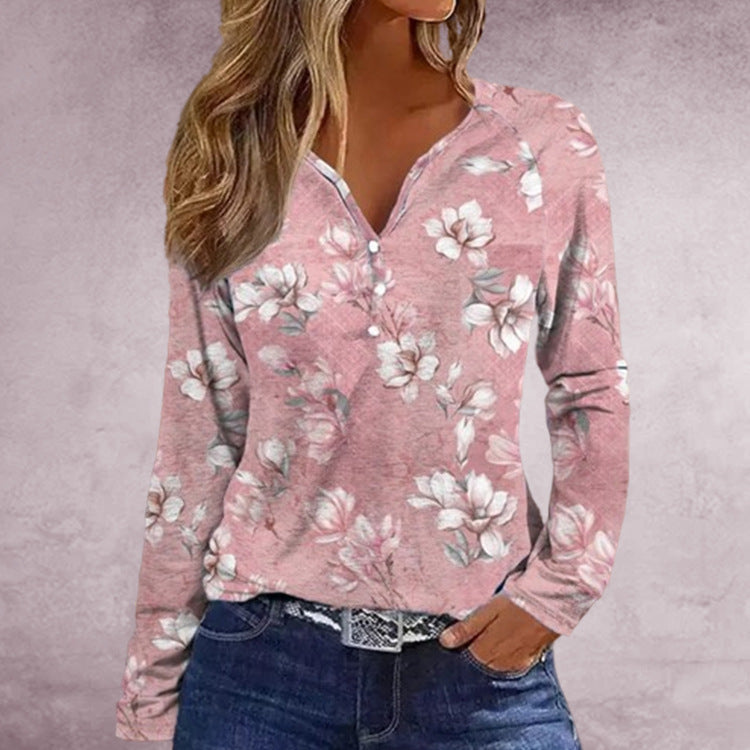 Vintage Printed Shirt V-neck Long Sleeve Top