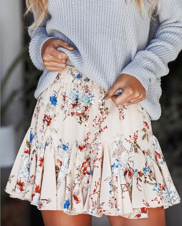 Retro Pleated Women Floral Print Rockabilly Elastic High Waist Hips-Wrapped Mini Skirts