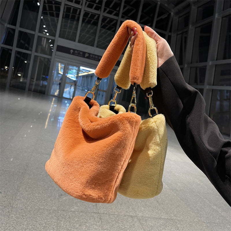 Fashion Solid Color Plush Portable Bucket Bag