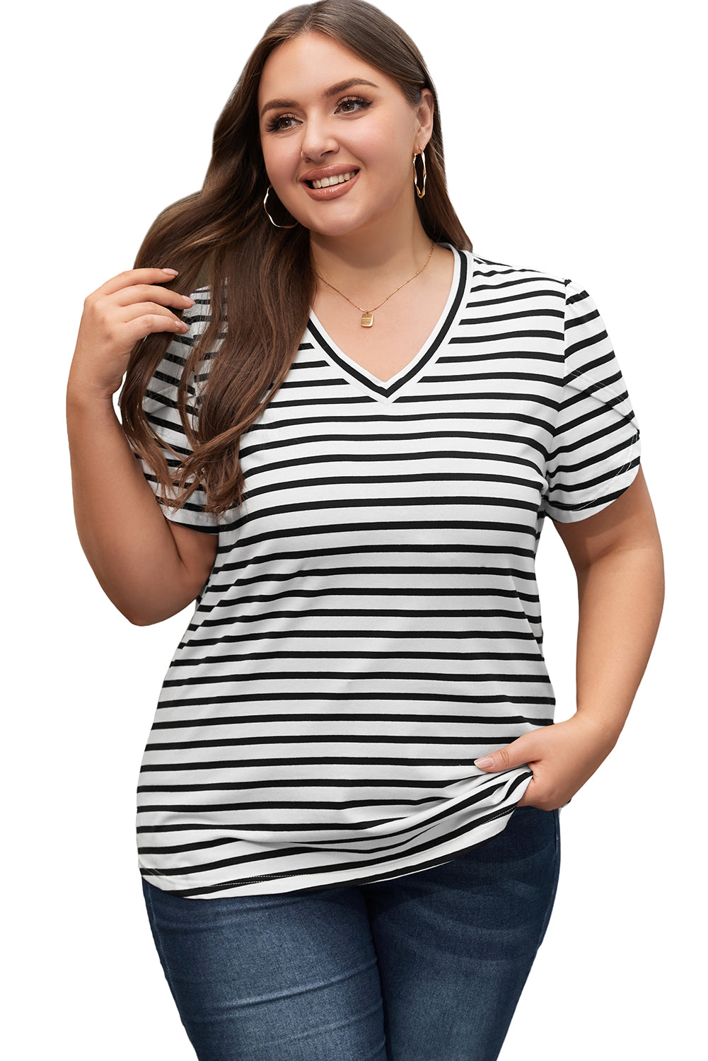 White Stripe V Neck Petal Sleeve Plus Size T-Shirt