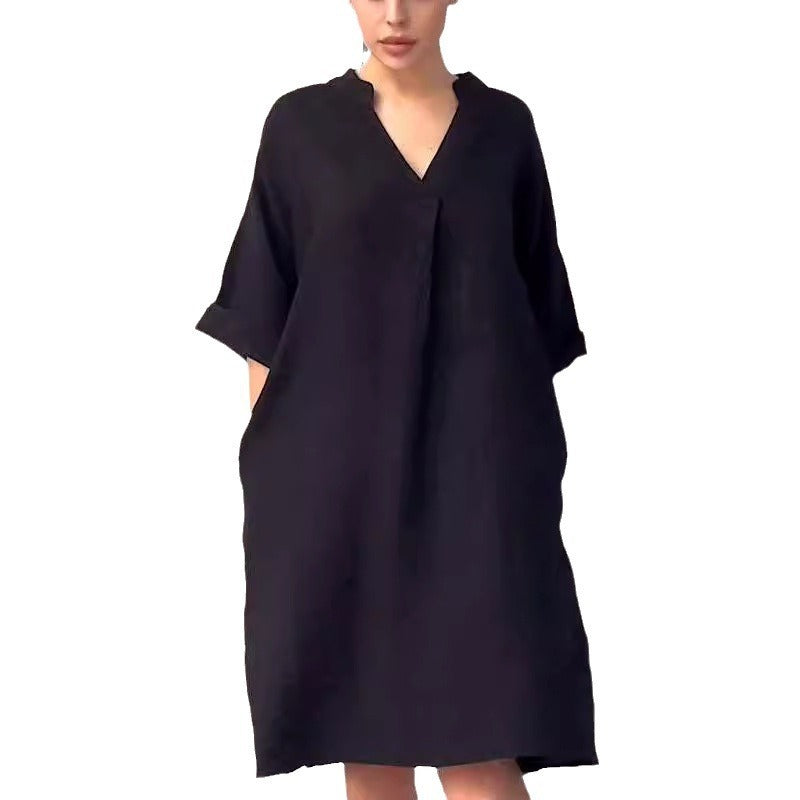 Fashion Cotton Linen Women V-neck Loose Plus Size Dress