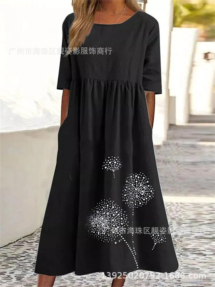 Round Neck Half Sleeve Printed Plus Size Loose Casual Dress