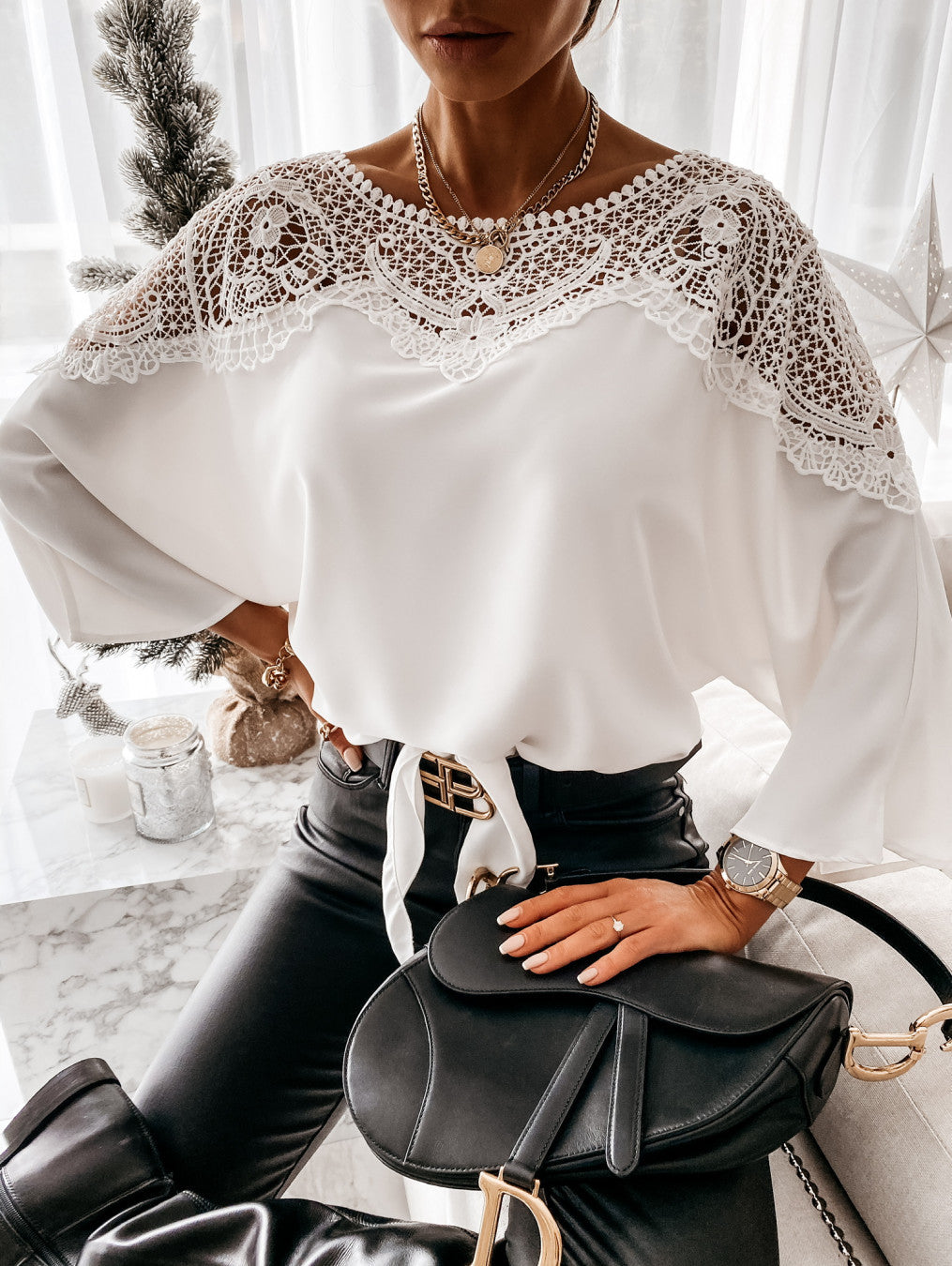 Long Sleeve Lace And Lace Blouse Woman