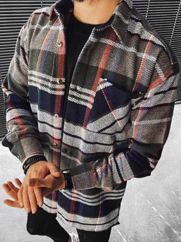 Fashion Men's Color-Blocking Plaid Long-Sleeved Printed Shirt