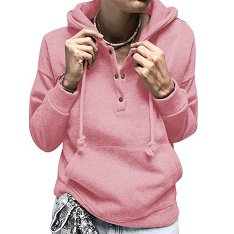 Pocket Sweatshirt Solid Color Pullover Button Hoodie