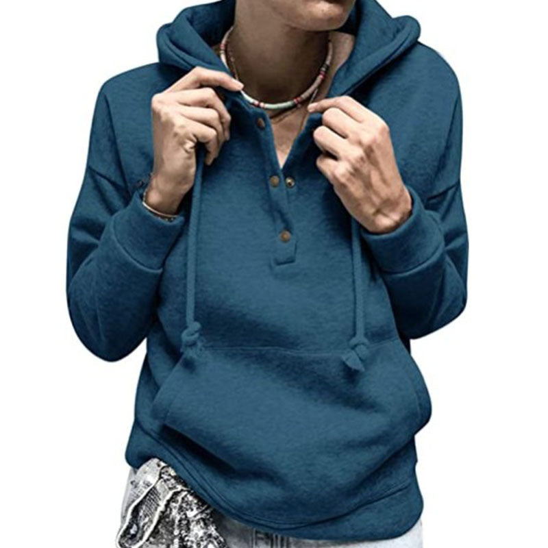 Pocket Sweatshirt Solid Color Pullover Button Hoodie