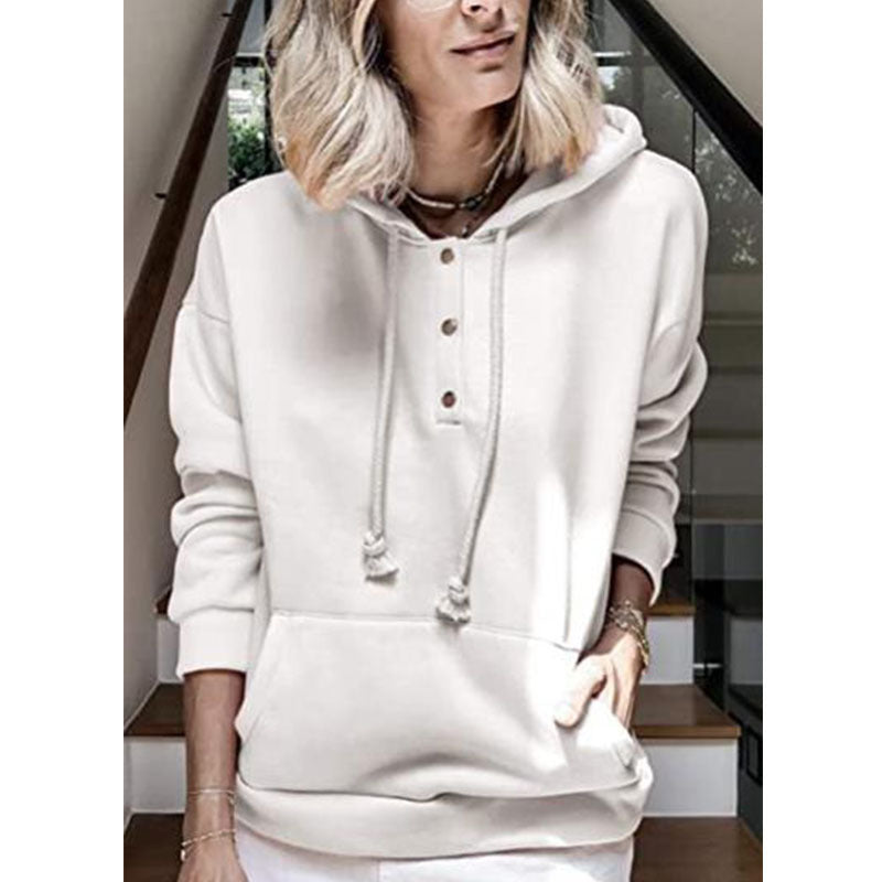 Pocket Sweatshirt Solid Color Pullover Button Hoodie