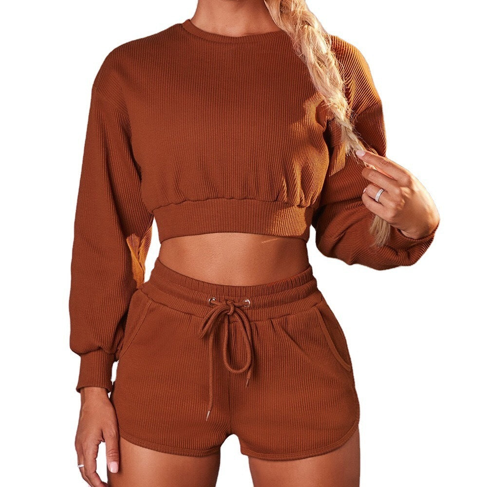 Fashion Long-Sleeved Shorts Sports And Fitness Two-Piece Suit Women