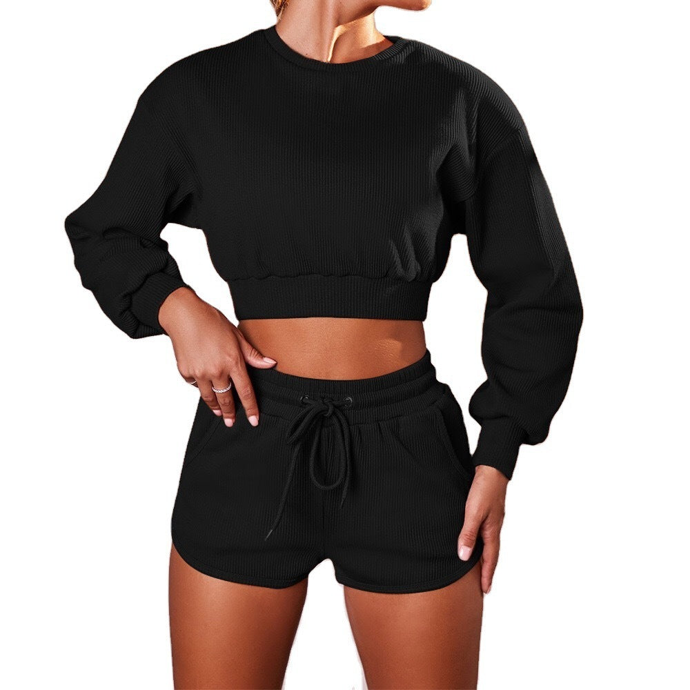 Fashion Long-Sleeved Shorts Sports And Fitness Two-Piece Suit Women