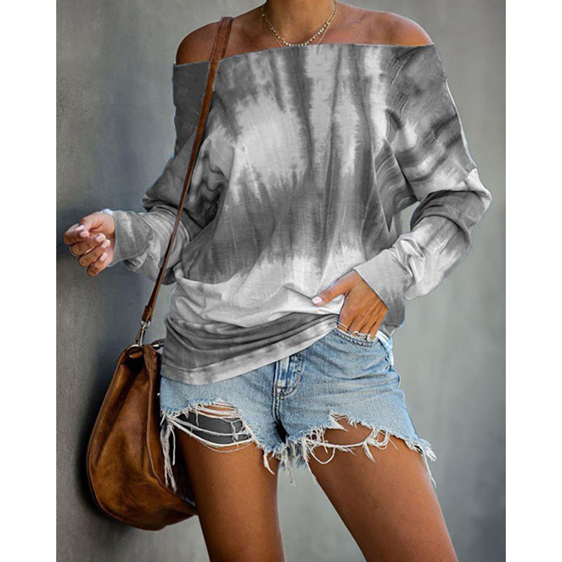 Long Sleeve Fashion Off Shoulder Tie Dye Printed Ladies Top Sweatshirt