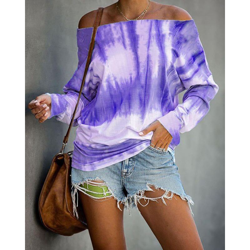 Long Sleeve Fashion Off Shoulder Tie Dye Printed Ladies Top Sweatshirt