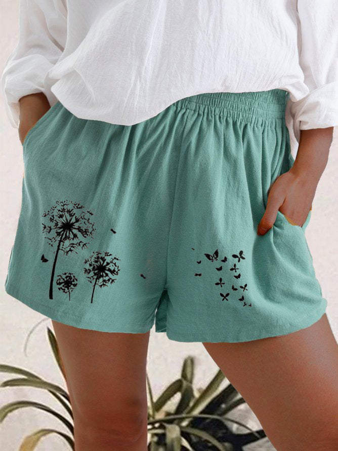 Summer High Waist Dandelion Print Cotton And Linen Pocket Shorts Women