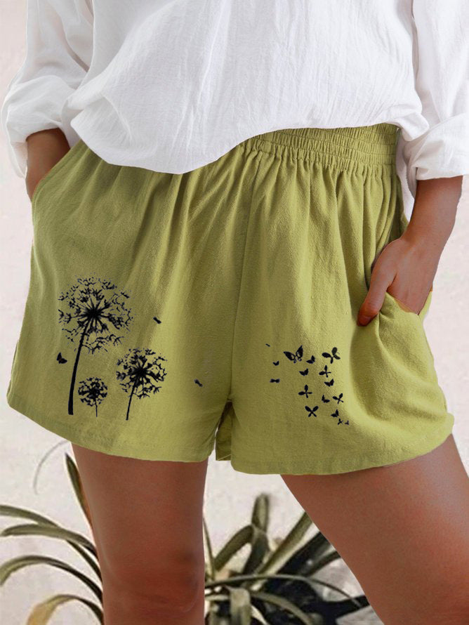 Summer High Waist Dandelion Print Cotton And Linen Pocket Shorts Women