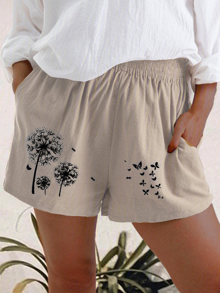 Summer High Waist Dandelion Print Cotton And Linen Pocket Shorts Women