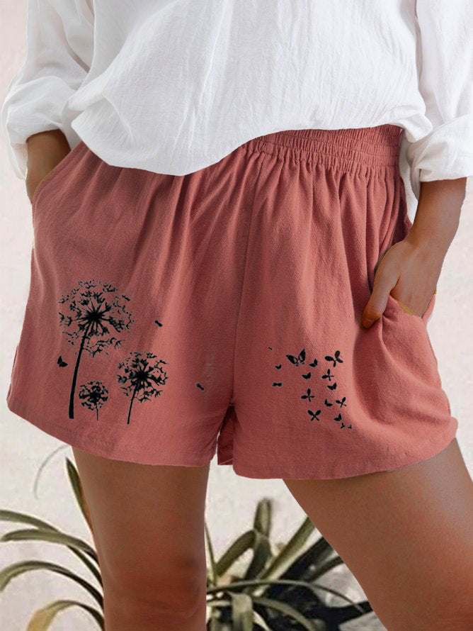 Summer High Waist Dandelion Print Cotton And Linen Pocket Shorts Women