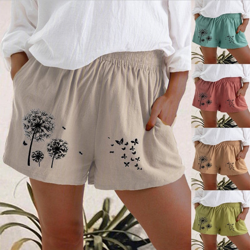 Summer High Waist Dandelion Print Cotton And Linen Pocket Shorts Women