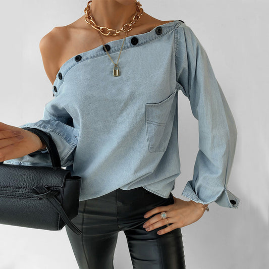 Women's Button Neck Off The Shoulder Long Sleeved Denim Shirt