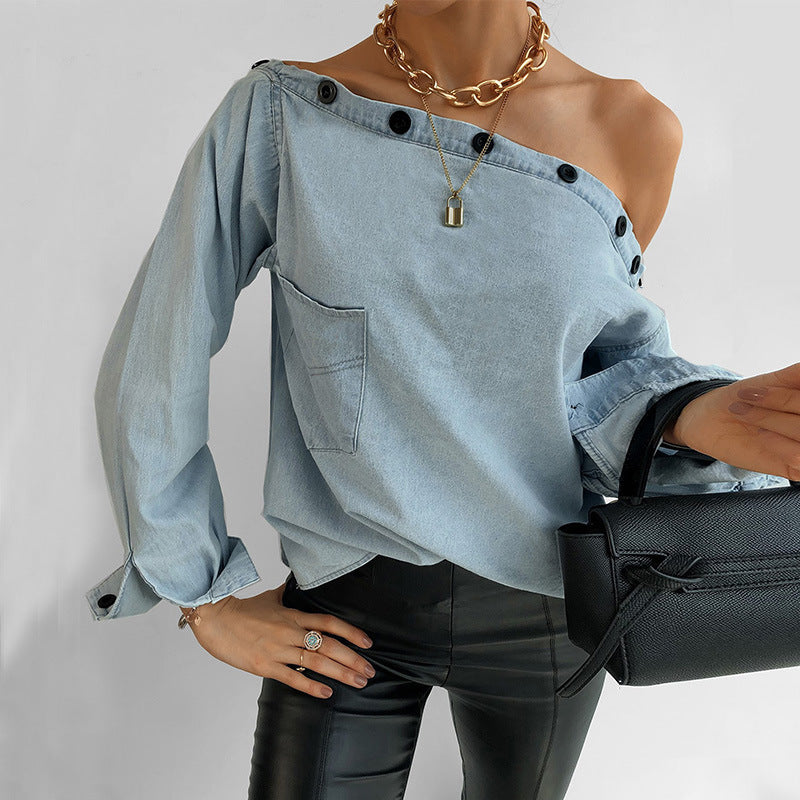 Women's Button Neck Off The Shoulder Long Sleeved Denim Shirt