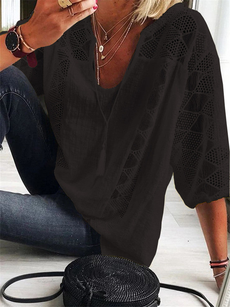European And American Lace Stitching U-neck Three-quarter Sleeve Top