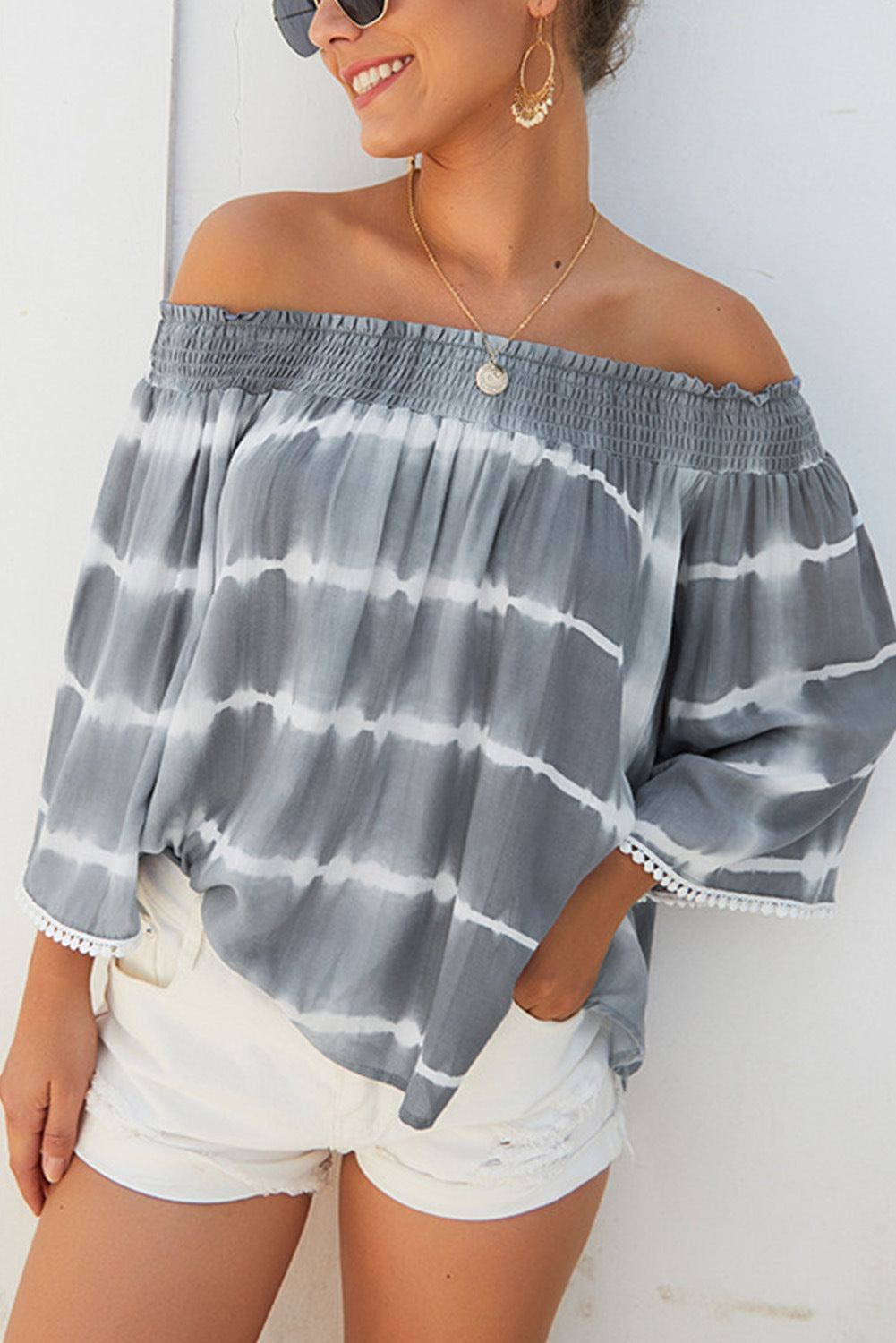 Tie Dye Printed Striped Neckline Off The Shoulder Shirt T Shirt Women