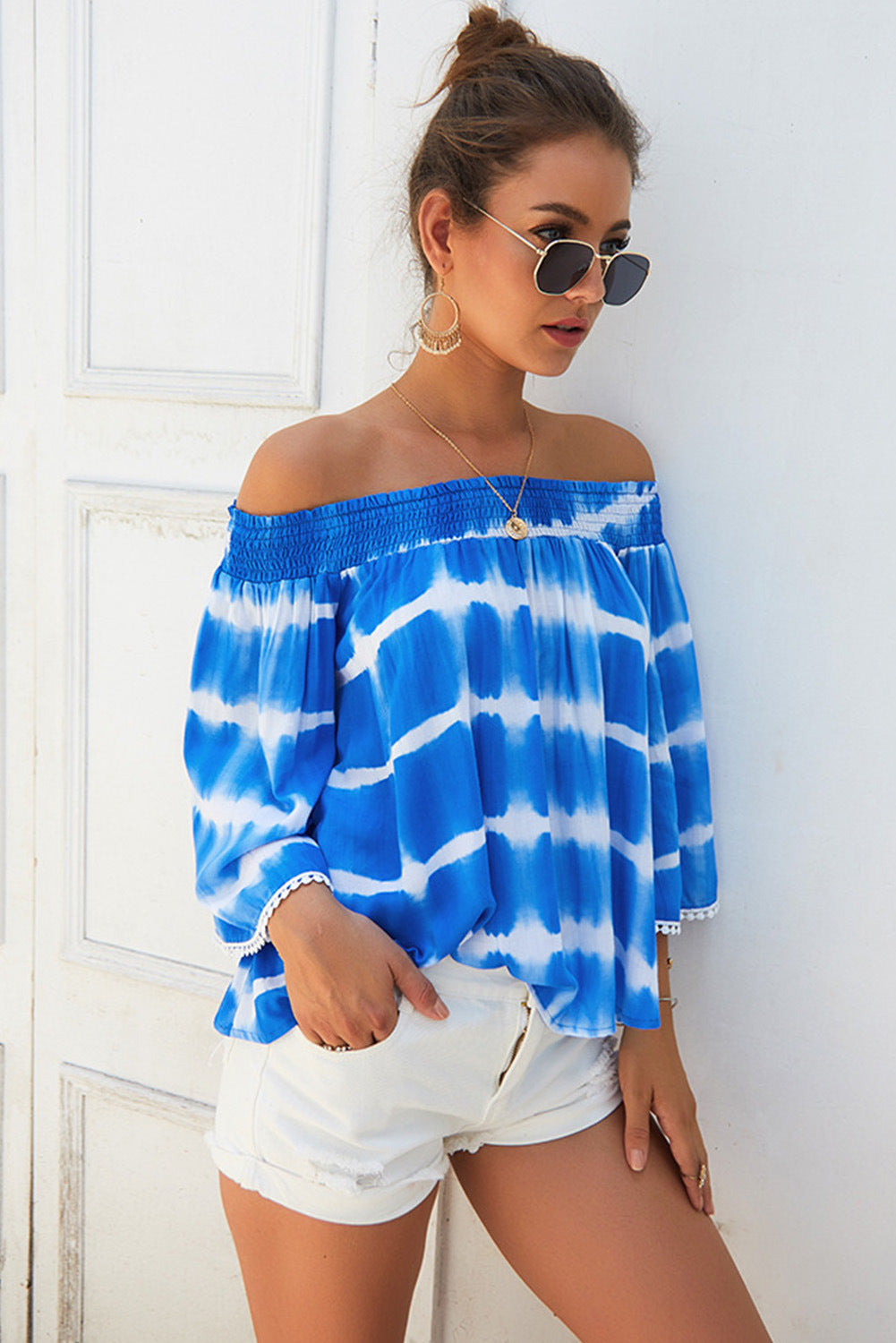 Tie Dye Printed Striped Neckline Off The Shoulder Shirt T Shirt Women