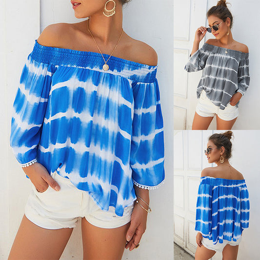 Tie Dye Printed Striped Neckline Off The Shoulder Shirt T Shirt Women