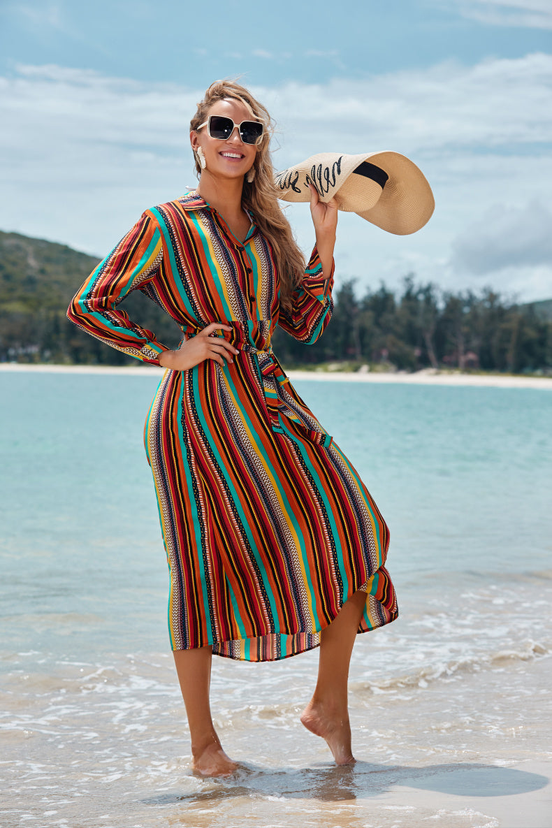 Cover The Flesh And Show The Thin Color Striped Beach Skirt Seaside Vacation Long-Sleeved Sun Protection Clothing Long Shirt Swimsuit Coverall Jacket