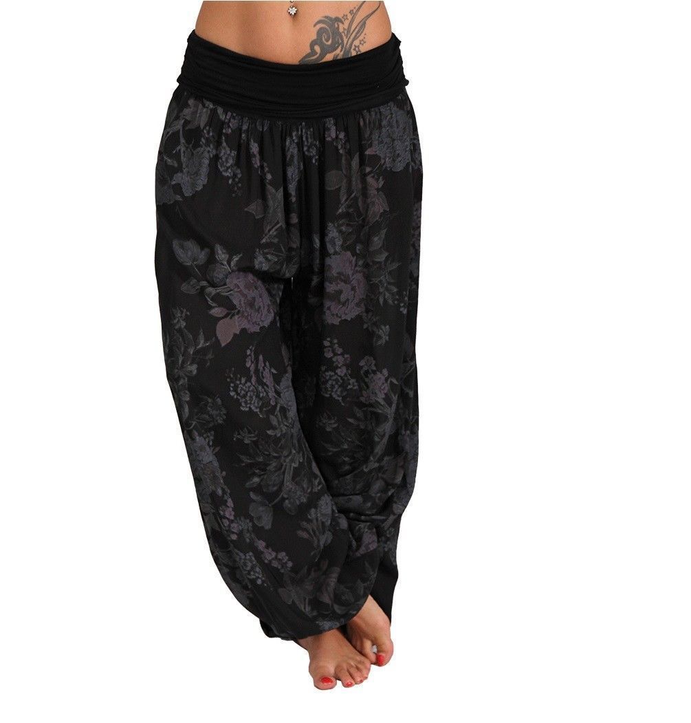 Women Bohemian Floral Print Long Pants Mid Waist Vintage Harem Pants Elastic Waist Boho Beach Trousers Plus Size 5XL