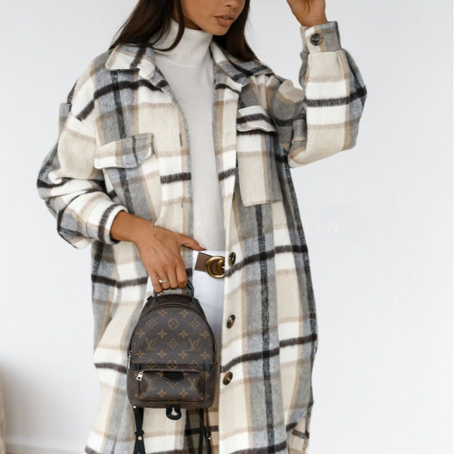 Autumn And Winter Long-Sleeved Button Lapel Casual Warm Plaid Long Woolen Coat