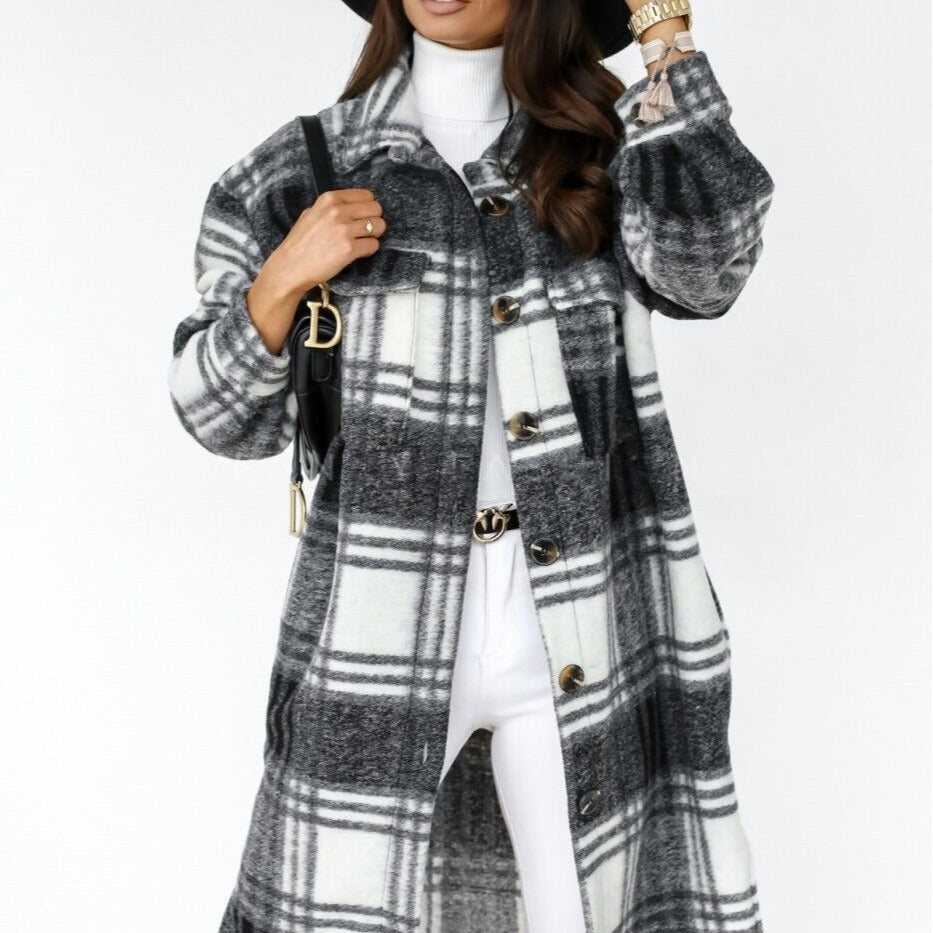 Autumn And Winter Long-Sleeved Button Lapel Casual Warm Plaid Long Woolen Coat