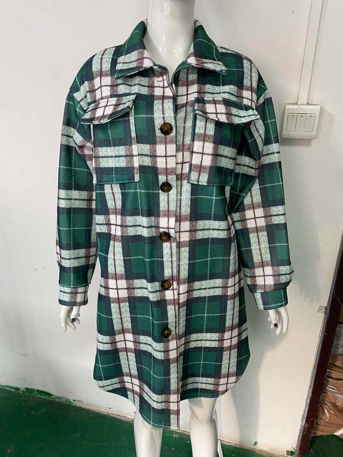 Autumn And Winter Long-Sleeved Button Lapel Casual Warm Plaid Long Woolen Coat