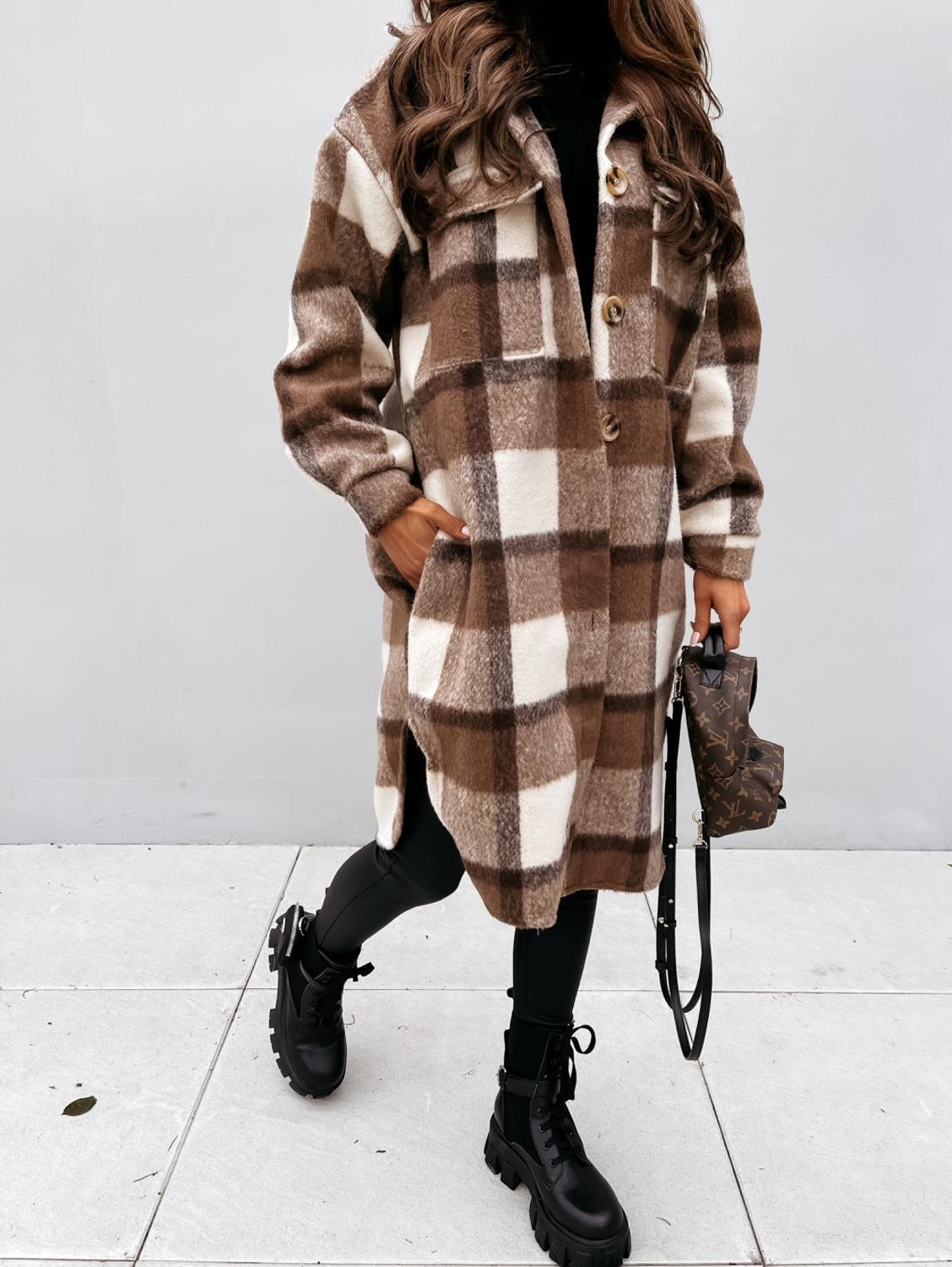 Autumn And Winter Long-Sleeved Button Lapel Casual Warm Plaid Long Woolen Coat